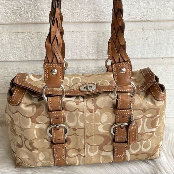 Coach Handbags - COACH Tan Signature Chelsea Optic Gallery Braided Handle Turnlock 10995